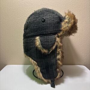 Vintage Y2K d&y grey plaid faux fur trapper ushanka aviator winter hat